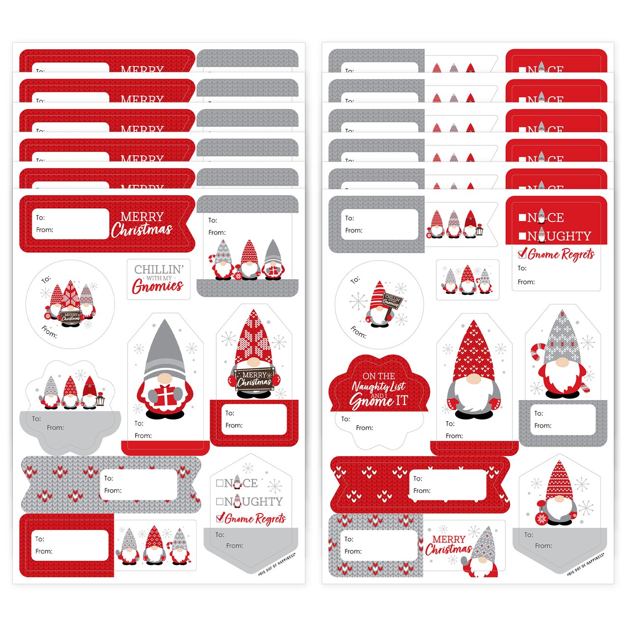 Big Dot of Happiness Christmas Gnomes - Assorted Holiday Party Gift Tag Labels - To and From Stickers - 12 Sheets - 120 Stickers